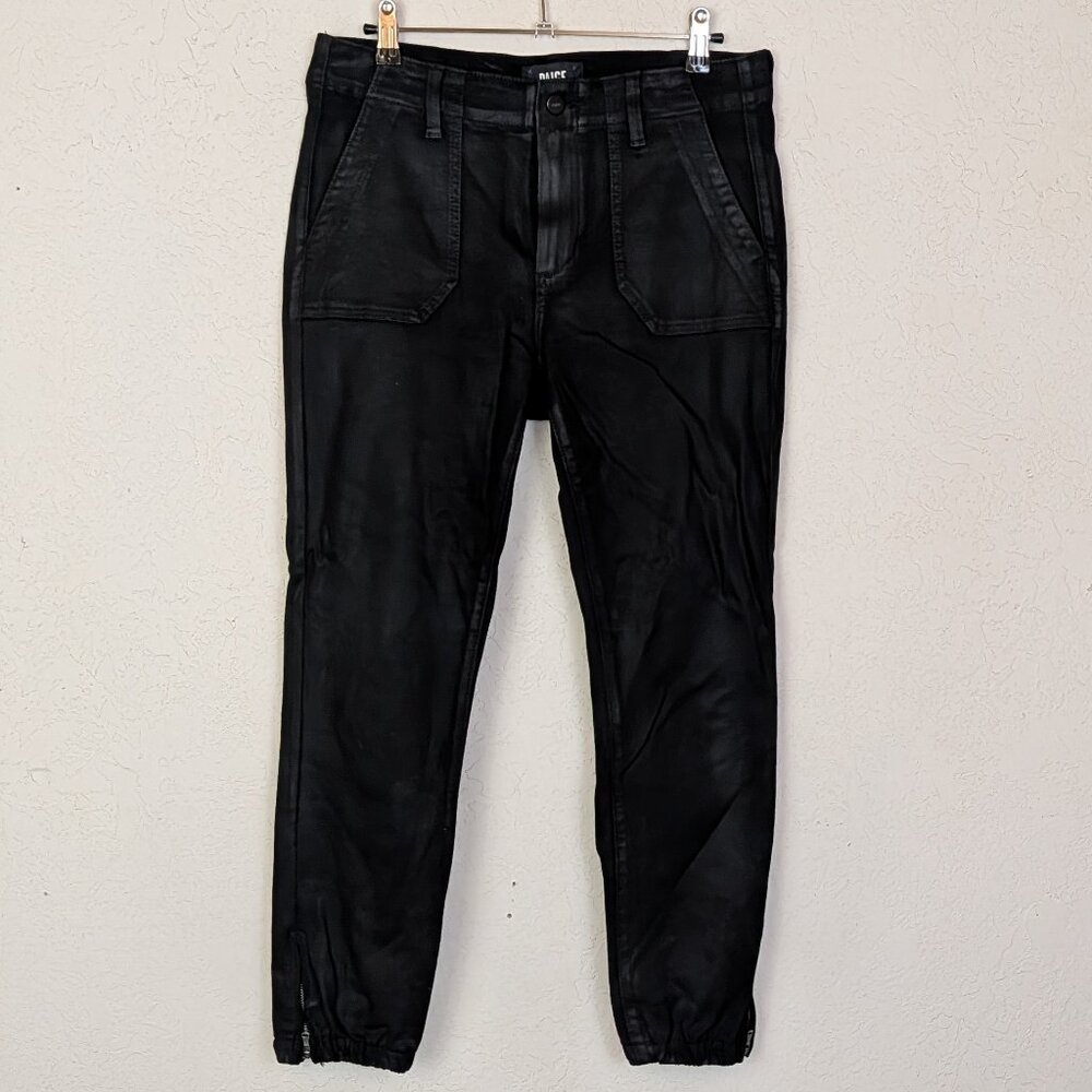 PAIGE Mayslie Cropped Jogger Pant in Black Fog Luxe Coating - Size 28